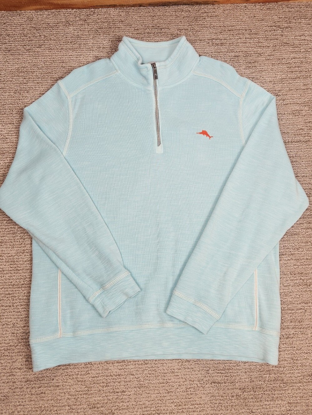 Tommy Bahama Tobago Bay 1/4 Zip Pullover Mens Large Teal Aqua Sweatshirt Sweater